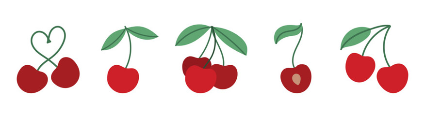 Cherry fruit set. Ripe red cherries with leaves and stem, sweet summer berry collection. Fresh healthy food element. Flat vector illustration isolated on white background.