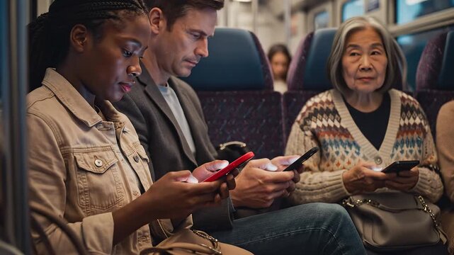 People on train using phones