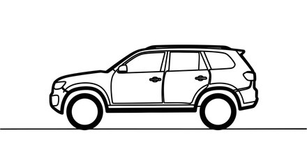 Fototapeta premium Simple black and white line art drawing of a modern SUV or station wagon in side profile.