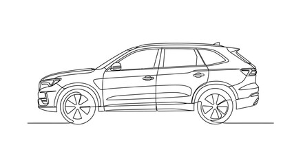 Fototapeta premium Continuous line drawing of a modern SUV car in side profile, showcasing a sleek and contemporary automotive design on a clean white background.