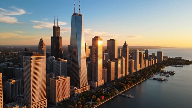 Aerial View of Chicago Skyline at Sunset: Skyscrapers Reflect Golden Light Along Waterfront