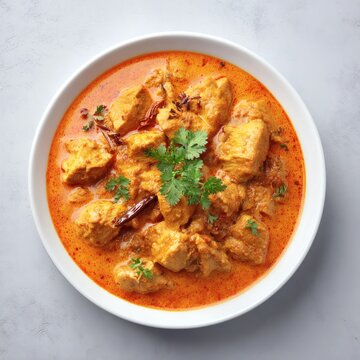 Delicious bowl of creamy butter chicken curry with paneer, garnished with fresh cilantro, served in a white bowl on a marble countertop, captured in a minimalist photographic style
