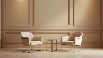 Contemporary interior of living beige wall with grey fabric armchair and side table on white wooden floor