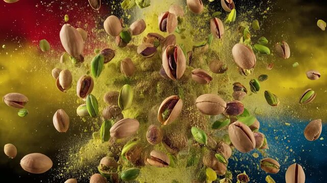 Flying pistachio nuts with colorful powder explosion on dark background