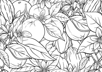 Fototapeta premium Oranges cacao pods citrus blossoms seamless coloring page. Botanical outline illustration for printable food design textile wallpaper kitchen dessert projects classic fruit chocolate plant motif.
