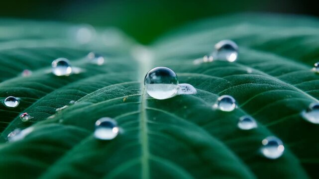 Macro shot of a dark green tropical leaf with silver dew drops, glistening under a cool white light, serene nature luxury.