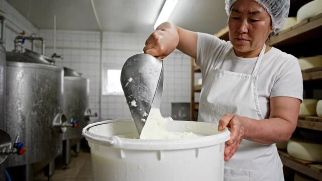 Woman transferring fresh cheese curd into a white bucket during cheese production inside a dairy factory