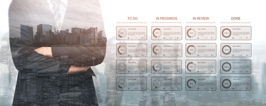 Task management tool dashboard showing kanban-style workflow with columns for to do, in progress, in review, and done, including task cards, progress, and team icons Vouch