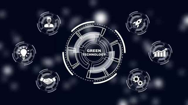 Green technology renewable energy eco friendly ecology saving zero waste concept. a futuristic holographic advanced HUD circle platform Business, Technology network background concept.