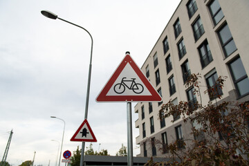 bycicle traffic sign on the street. attention symbol for bike use. red