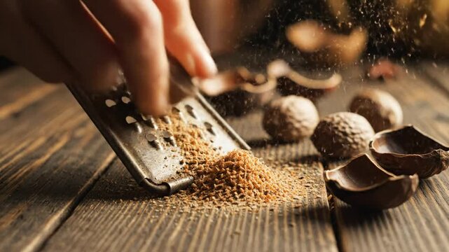 Close up of person grating whole nutmeg spice on rustic wooden surface with wooden texture background