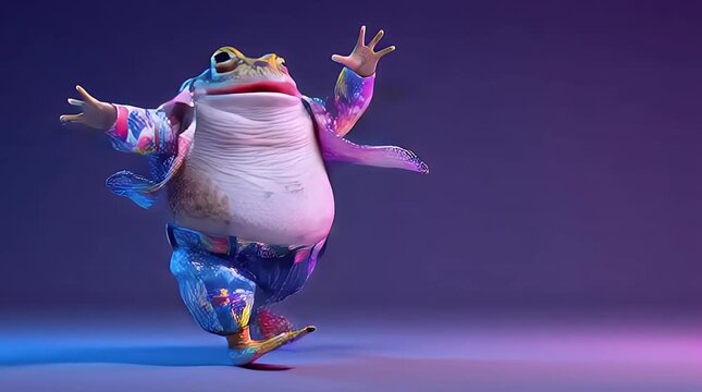 Colorful anthropomorphic frog dancing in vibrant studio lighting