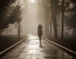Person Walking Alone Along a Foggy Park Path Creating a Mystical and Serene Outdoor Atmosphere