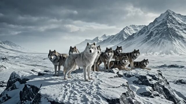 Majestic wolf pack howling together in a snowy mountain landscape under a dramatic sky with a cold, winter atmosphere.