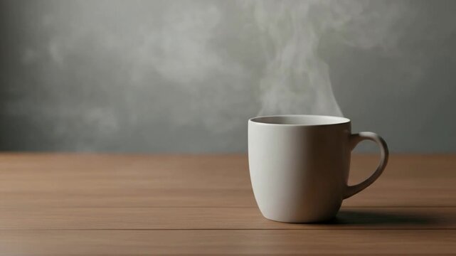 Steaming white coffee mug on wooden table morning beverage concept steaming cup white ceramic morning routine