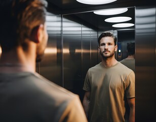 Person Standing Inside an Elevator Seen Through Mirror Reflection Creating a Minimal Urban Concept Scene