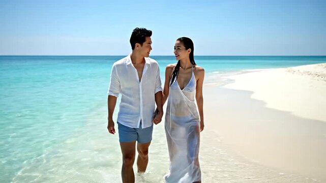 Young Asian couple walking hand in hand in shallow turquoise ocean water on a sunny tropical beach for romantic vacation concept and idyllic getaway