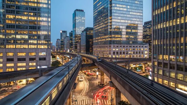 City skyline with elevated train tracks