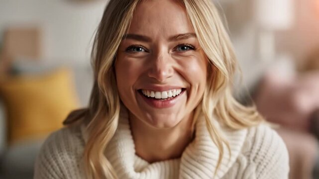 Cheerful blonde woman with blue eyes wearing a cozy sweater smiles widely at the camera in a warm home setting.