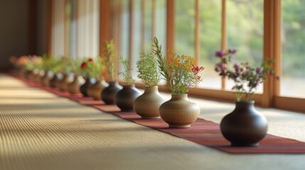 Fototapeta premium Floral arrangement in small vases, arranged in a row, on a tatami mat, near a window