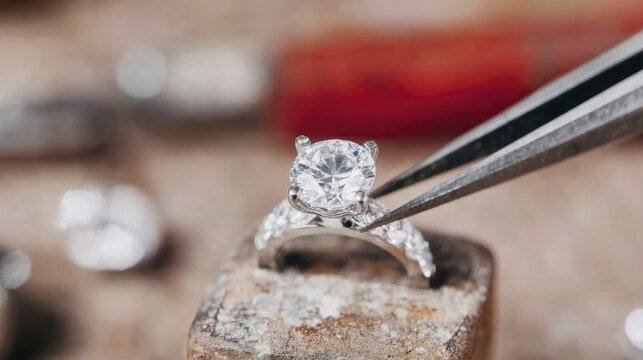Jewelry craftsmanship: close-up of a diamond ring on a jeweler's workbench with tools