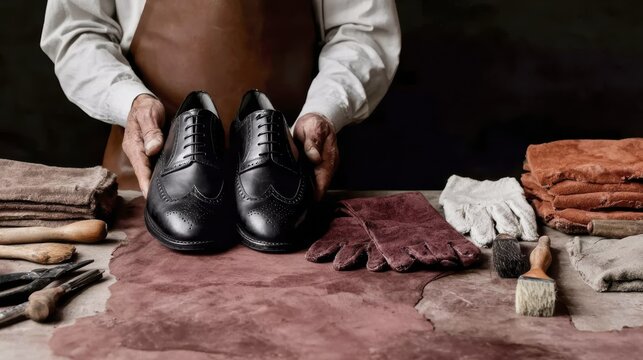 Crafting elegance: skilled artisan displaying luxury leather shoes on workshop table