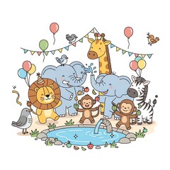 Fototapeta premium Cute Cartoon Animals Celebrating at a Jungle Party with Balloons and a Pond.