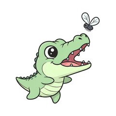 Obraz premium Cute Cartoon Baby Alligator Trying to Catch a Fly.