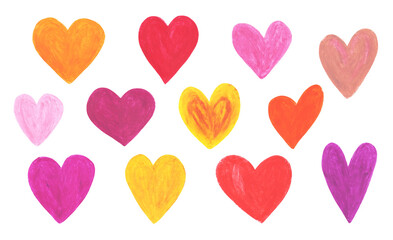 Fototapeta premium Hand drawn crayon pastel set of bright colorful pink, red and orange heart shapes. Bright oil pencils drawing hearts symbols for love graphic design, pattern, Valentine day greeting cards