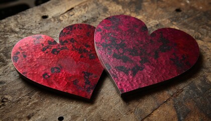 Obraz premium Two textured, richly colored heart shapes rest closely together upon a rustic wooden surface