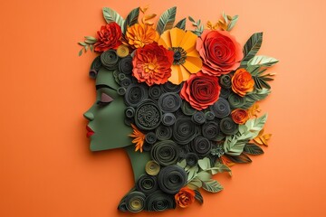 Papercraft profile silhouette adorned with vibrant floral arrangement against bright background
