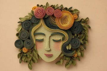 Woman's serene facial portrait created using intricate paper rolling technique