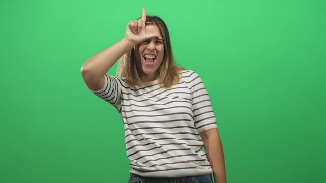 Woman making l sign on forehead with hand and sticking out tongue in studio green screen, striped shirt visible; playful teasing.