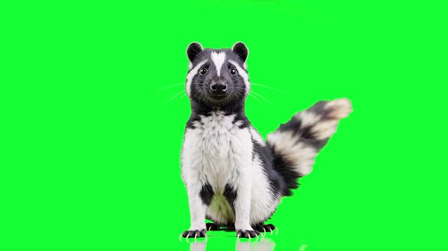 A black and white badger sits in a frontal pose, looking directly at the camera against a solid green screen backdrop. This asset is designed for seamless compositing and use in nature or educational 