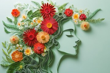 Paper craft silhouette of a woman's profile adorned with rolled flowers and foliage