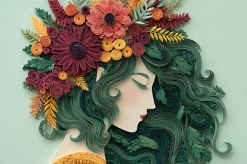 Intricate paper art depicts a serene profile adorned with colorful floral arrangement and lush green foliage