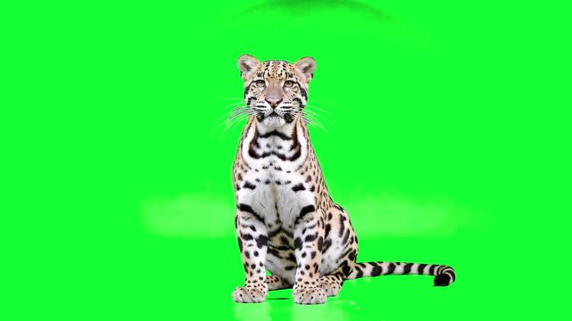 A high-fidelity 3D animation of an ocelot sitting on a green screen. The intricate rosette patterns and realistic movements make it a perfect asset for jungle-themed cinematic projects or educational 