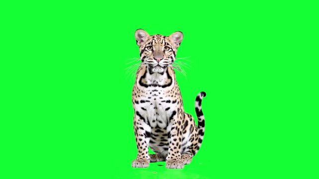 A high-fidelity 3D animation of an ocelot sitting on a green screen. The intricate rosette patterns and realistic movements make it a perfect asset for jungle-themed cinematic projects or educational 
