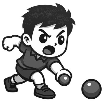 Cartoon boy playing bocce. Cute cartoon style, bold outlines, simplified shapes, big expressive eyes, clean vector look, monochrome grayscale palette, isolated on transparent background, no shadows,