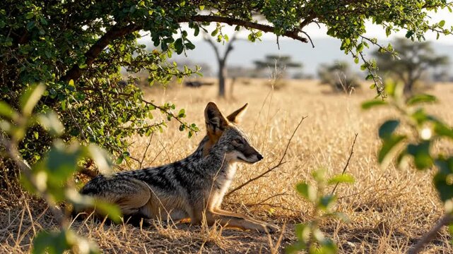 Black-backed jackal rests in shade of tree in dry grassy savanna, looking alert, watching