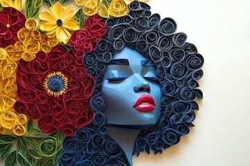 Intricate paper crafting technique forms a portrait of a woman adorned with vibrant blossoms