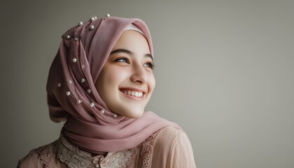 Young woman wearing a decorated headscarf smiles broadly looking toward open space