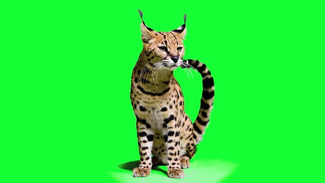 A detailed 3D animation of a serval cat with its characteristic large ears and spotted coat sitting on a vibrant green screen. Ideal for high-end digital production and educational wildlife features.