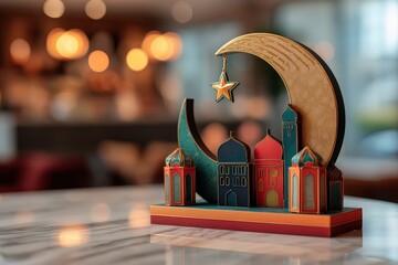 Decorative religious motif featuring crescent moon and stylized architecture rests on a reflective surface indoors