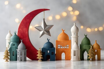 Miniature decorative religious buildings and celestial symbols arranged for a festive occasion