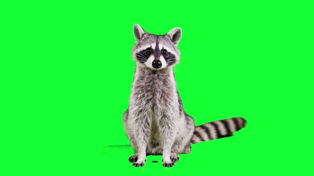 A detailed 3D raccoon with a masked face and striped tail sits on a solid green screen. Perfect for creative storytelling, nocturnal animal studies, or mischievous character roles in commercials.