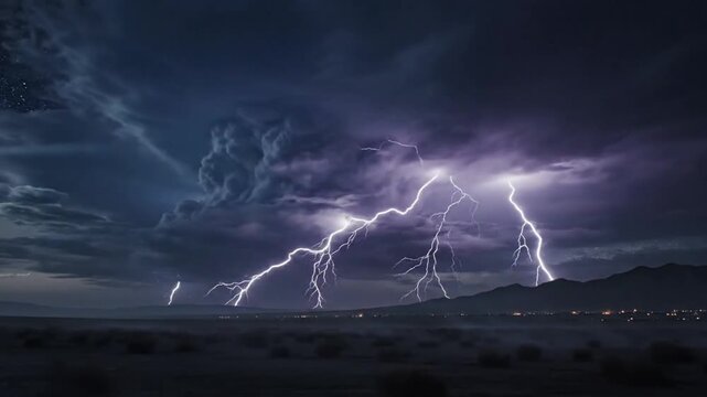 Epic nighttime desert landscape with powerful lightning strikes illuminating dark dramatic storm clouds and starry sky