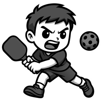 Cartoon boy playing pickleball with serious expression and paddle. Cute cartoon style, clear outlines, simplified shapes, large expressive eyes, clean vector look, monochrome palette 