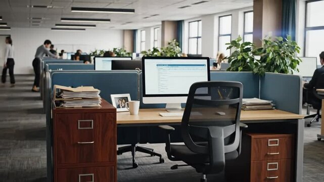 Empty office cubicle with stacked paper files, computer monitor, chair, and other office supplies during the day.