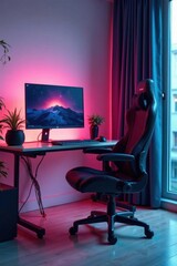 High-end ergonomic chair & gaming PC, minimalist desk, gaming, mouse